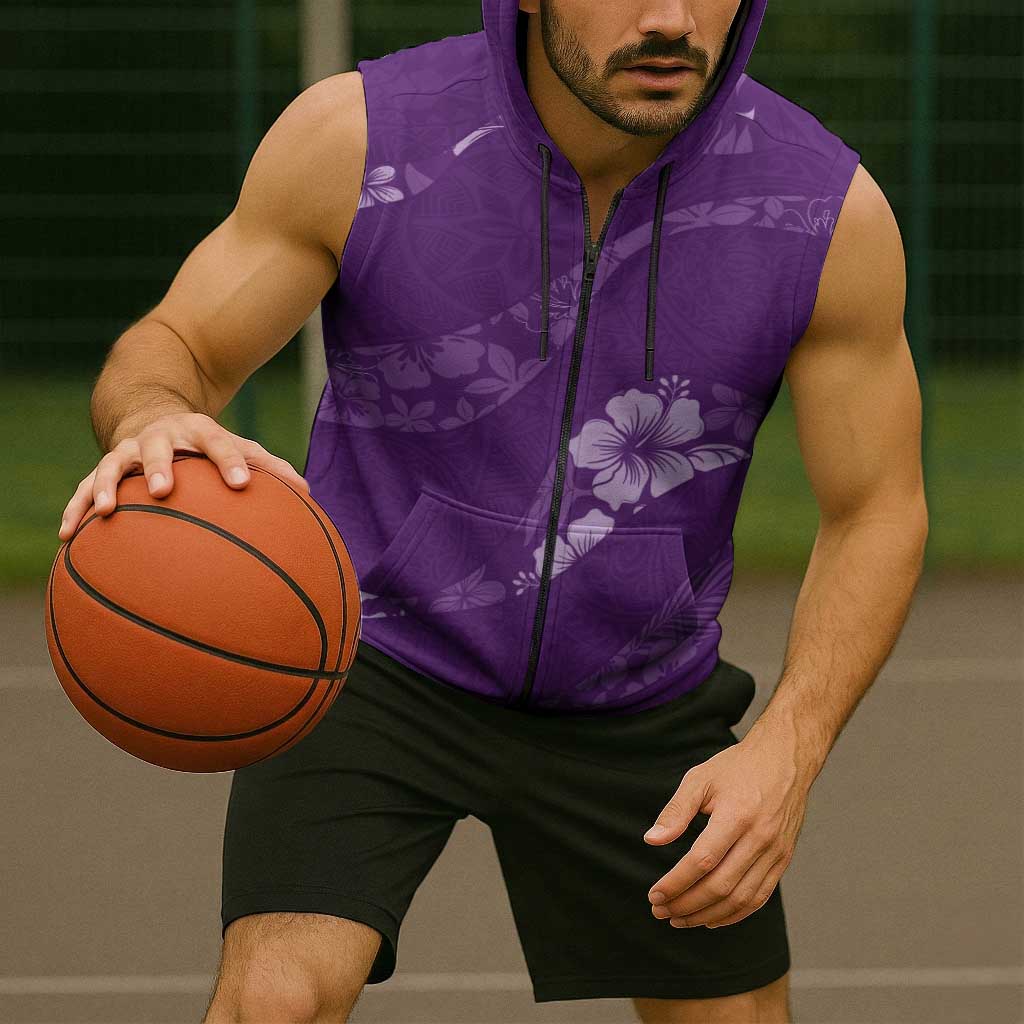 Aloha Hawaii Floral Tapa Sleeveless Zip Hoodie Patchwork Violet LT7