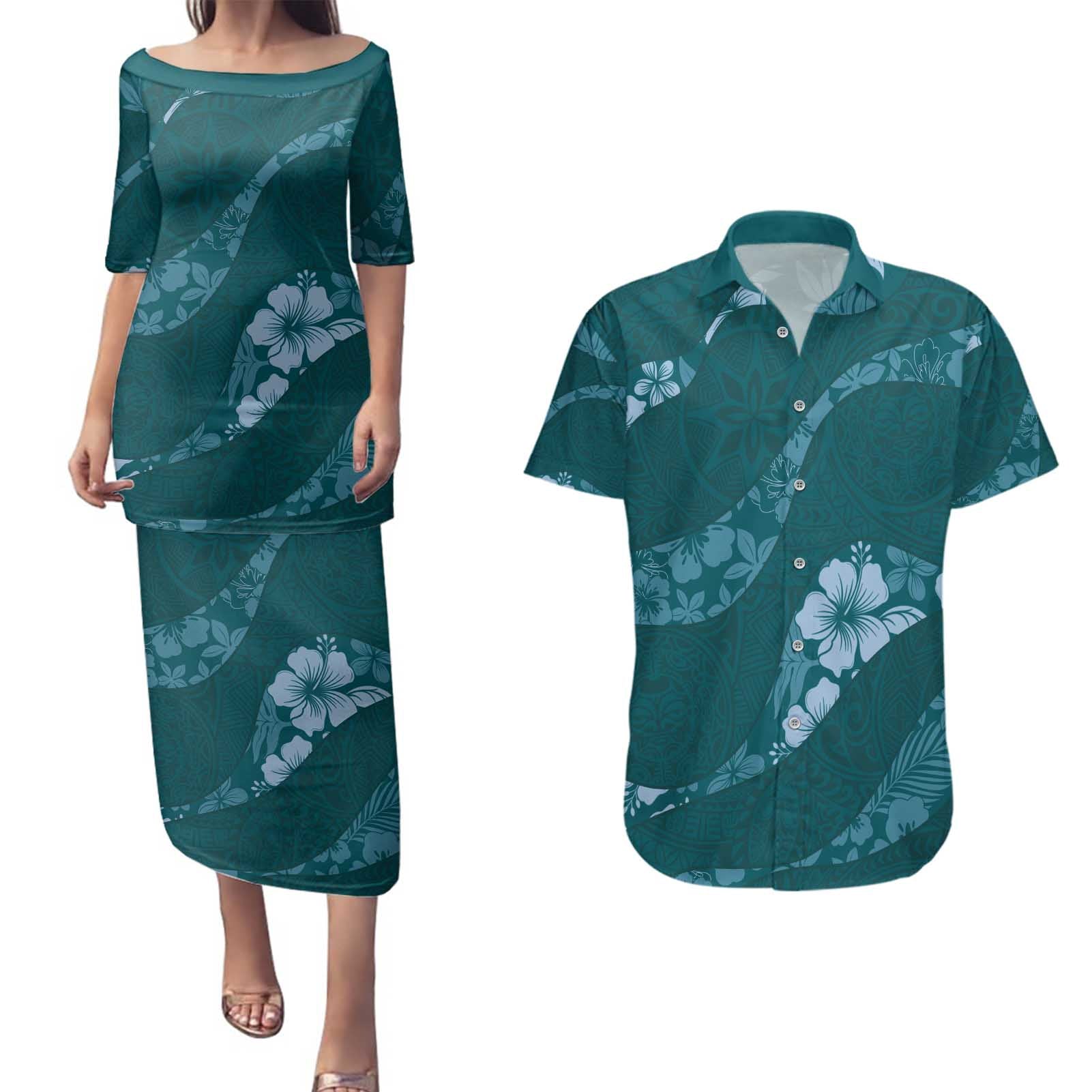 Aloha Hawaii Floral Tapa Couples Matching Puletasi and Hawaiian Shirt Patchwork Teal - Polynesian Pride