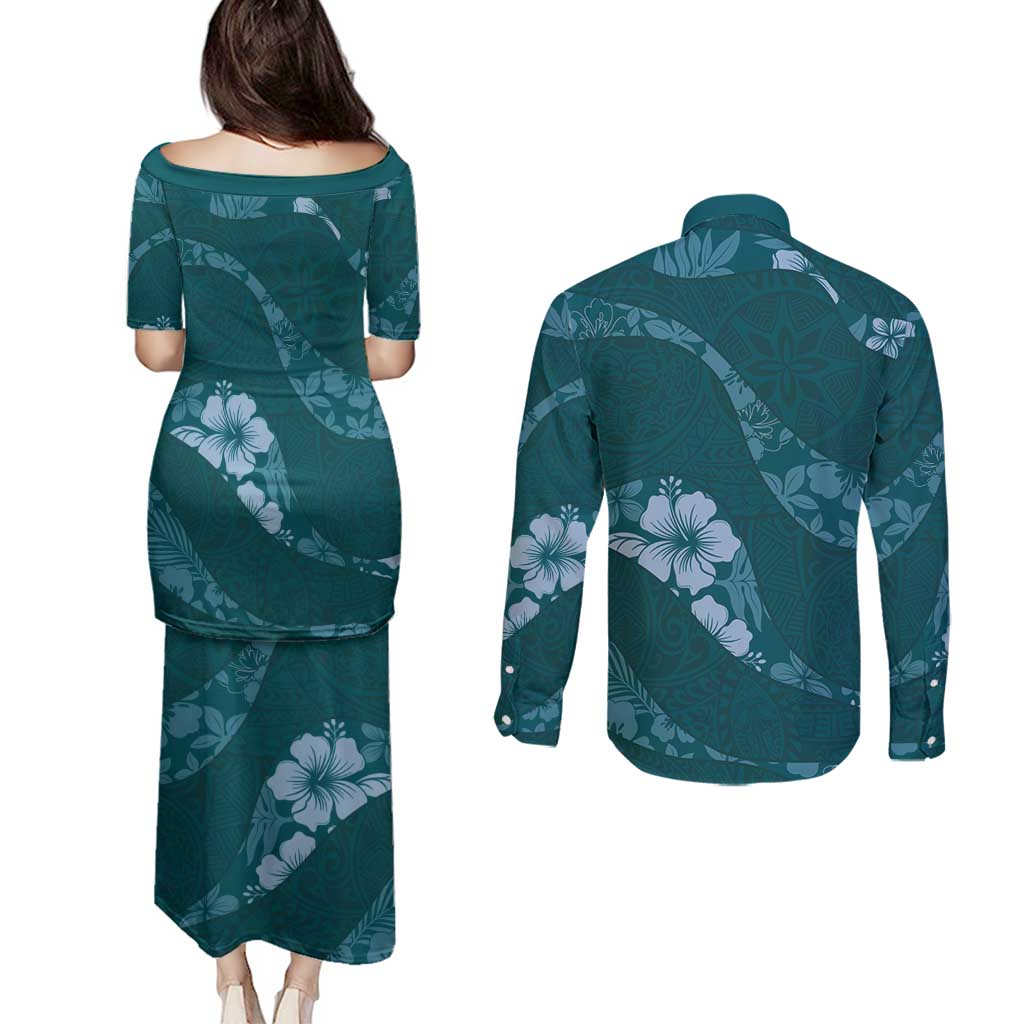 Aloha Hawaii Floral Tapa Couples Matching Puletasi and Long Sleeve Button Shirt Patchwork Teal - Polynesian Pride