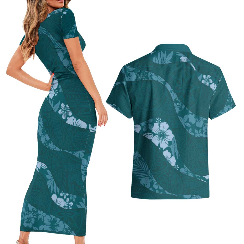 Aloha Hawaii Floral Tapa Couples Matching Short Sleeve Bodycon Dress and Hawaiian Shirt Patchwork Teal - Polynesian Pride