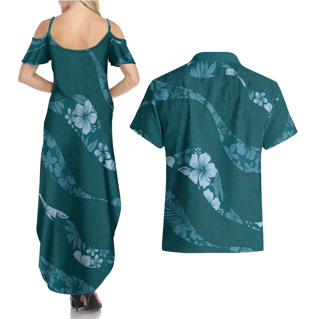 Aloha Hawaii Floral Tapa Couples Matching Summer Maxi Dress and Hawaiian Shirt Patchwork Teal - Polynesian Pride