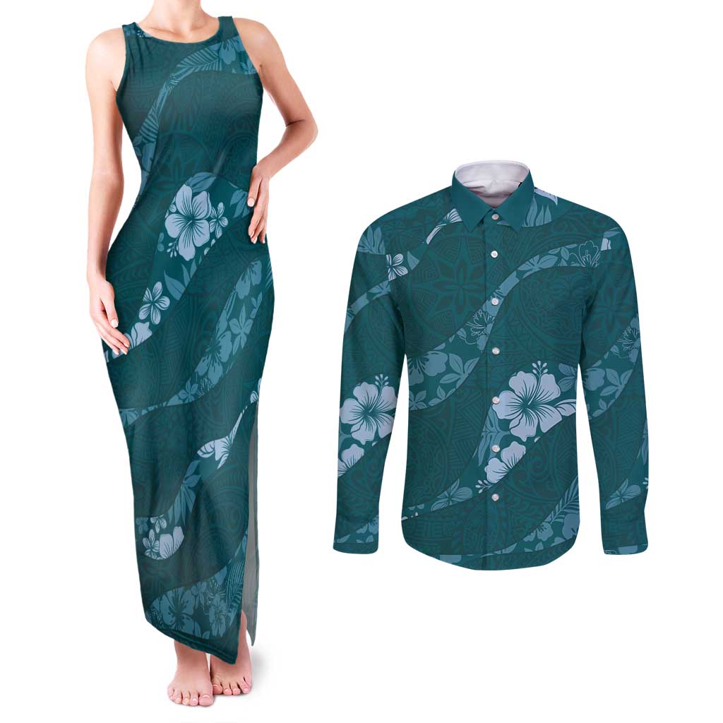 Aloha Hawaii Floral Tapa Couples Matching Tank Maxi Dress and Long Sleeve Button Shirt Patchwork Teal - Polynesian Pride