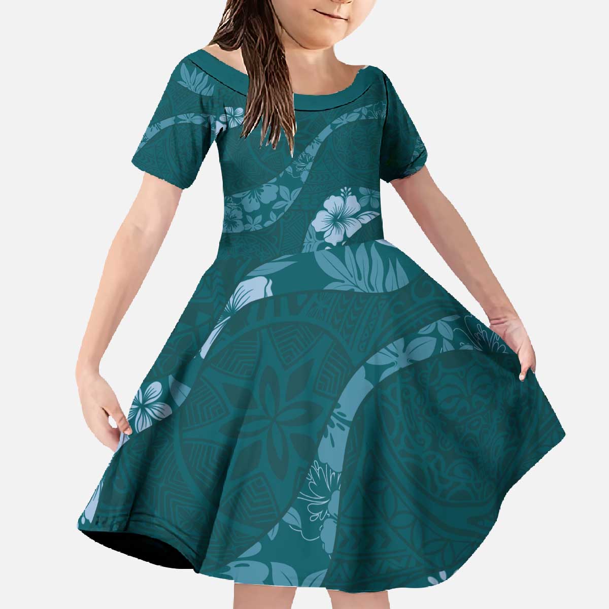 Aloha Hawaii Floral Tapa Family Matching Off The Shoulder Long Sleeve Dress and Hawaiian Shirt Patchwork Teal - Polynesian Pride