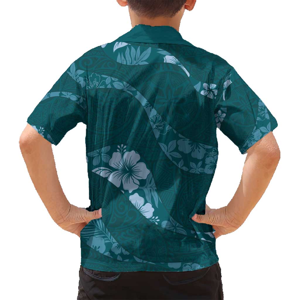 Aloha Hawaii Floral Tapa Family Matching Off Shoulder Maxi Dress and Hawaiian Shirt Patchwork Teal - Polynesian Pride