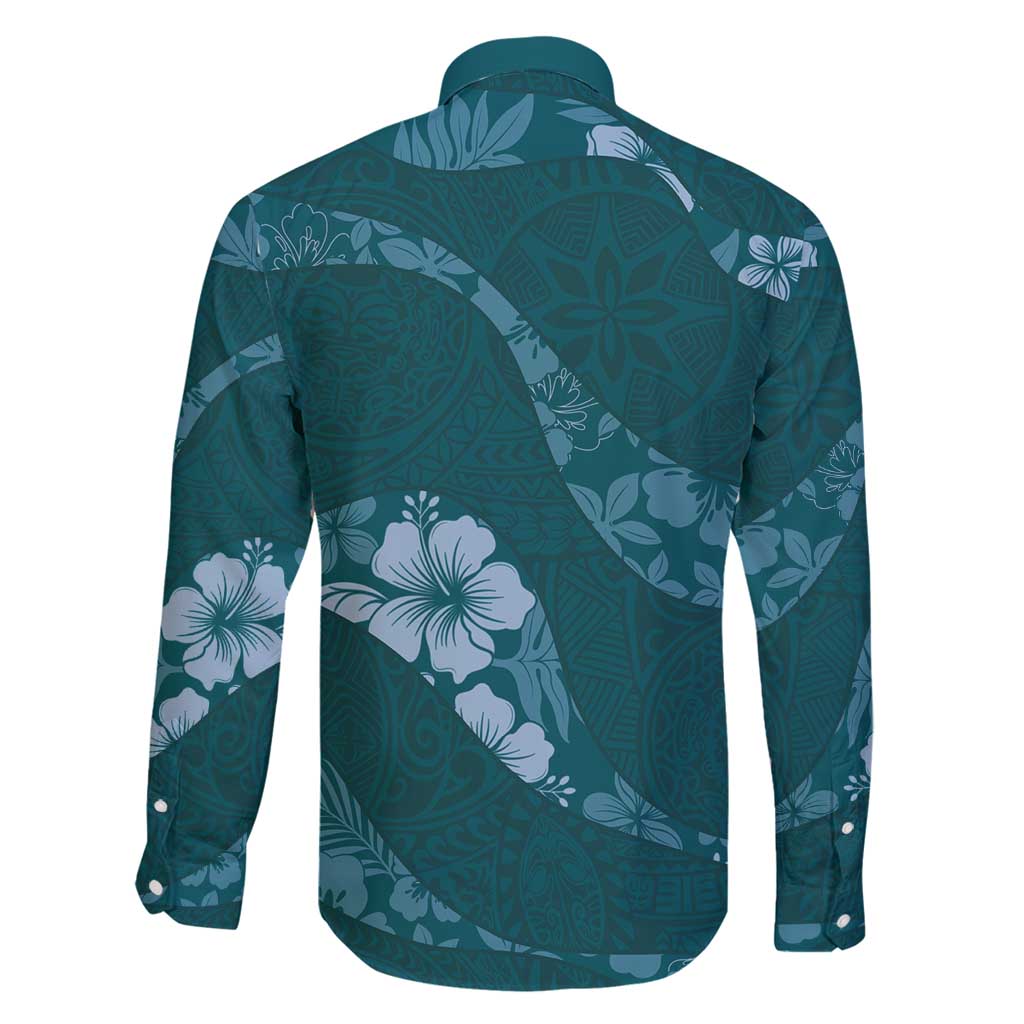 Aloha Hawaii Floral Tapa Family Matching Off Shoulder Maxi Dress and Hawaiian Shirt Patchwork Teal - Polynesian Pride