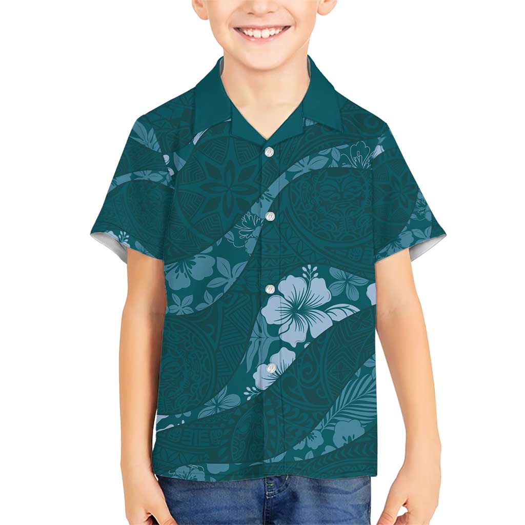 Aloha Hawaii Floral Tapa Family Matching Short Sleeve Bodycon Dress and Hawaiian Shirt Patchwork Teal - Polynesian Pride