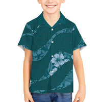 Aloha Hawaii Floral Tapa Family Matching Short Sleeve Bodycon Dress and Hawaiian Shirt Patchwork Teal - Polynesian Pride