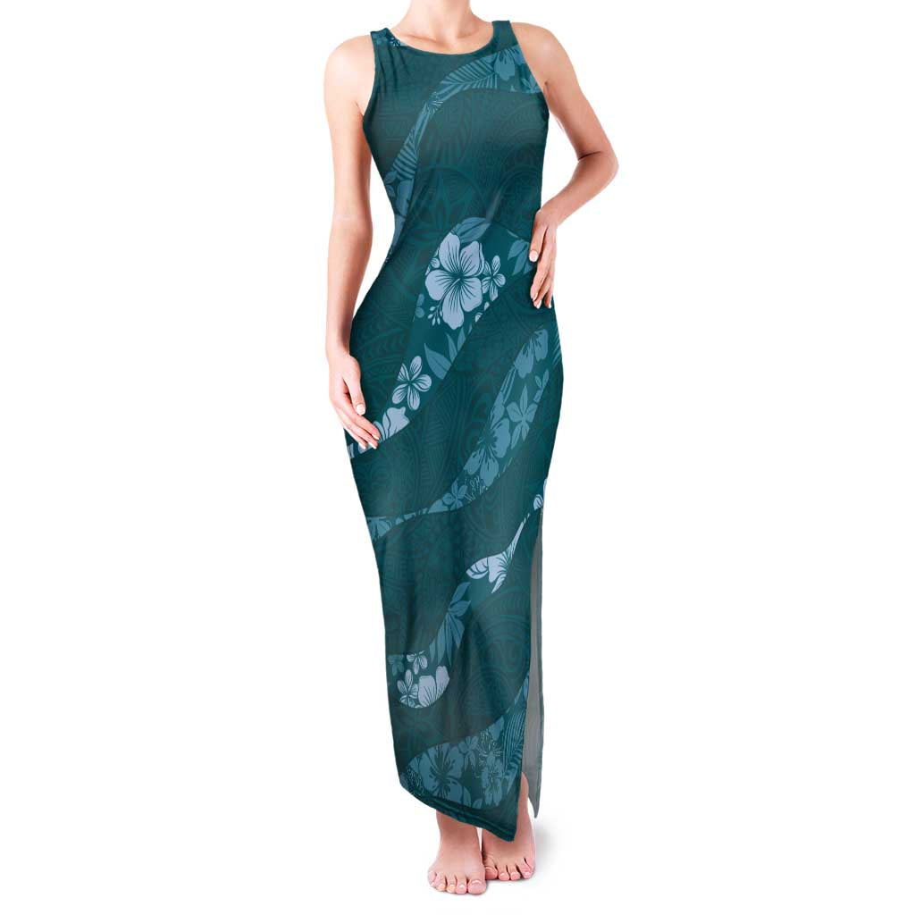 Aloha Hawaii Floral Tapa Family Matching Tank Maxi Dress and Hawaiian Shirt Patchwork Teal - Polynesian Pride