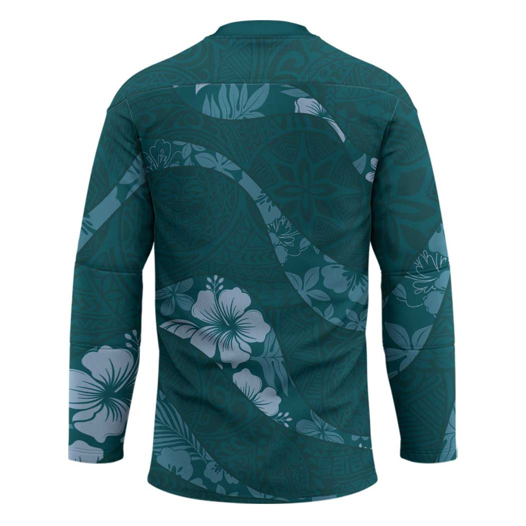 Aloha Hawaii Floral Tapa Hockey Jersey Patchwork Teal - Polynesian Pride