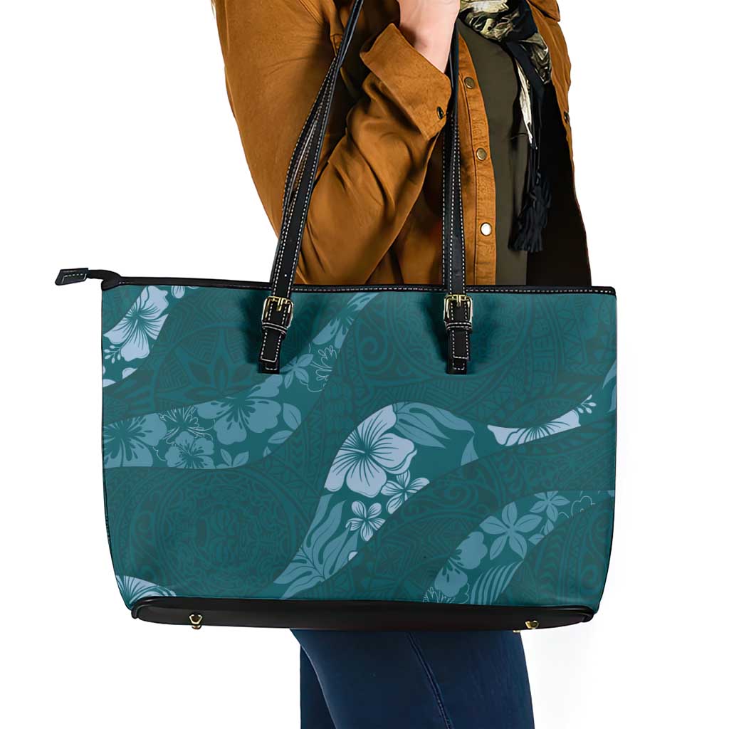 Aloha Hawaii Floral Tapa Leather Tote Bag Patchwork Teal - Polynesian Pride