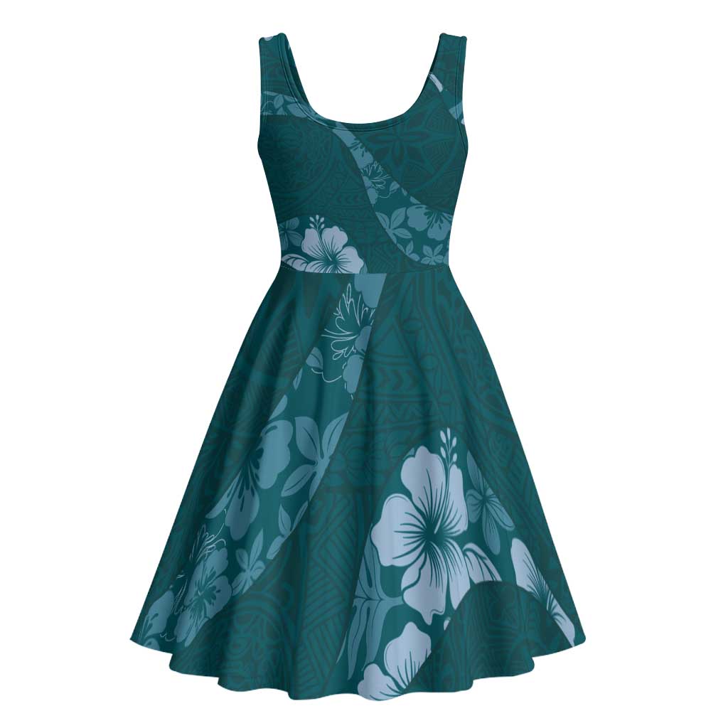 Aloha Hawaii Floral Tapa Midi Dress Patchwork Teal - Polynesian Pride