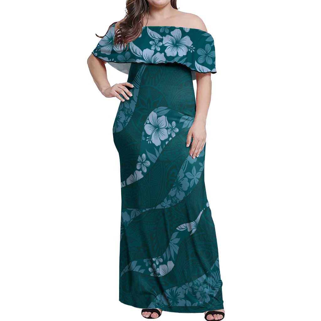 Aloha Hawaii Floral Tapa Off Shoulder Maxi Dress Patchwork Teal - Polynesian Pride