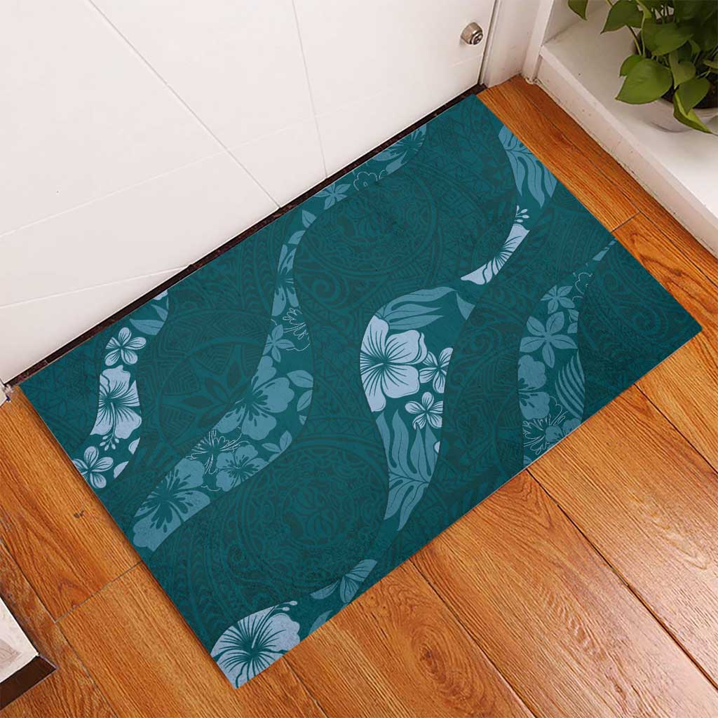 Aloha Hawaii Floral Tapa Rubber Doormat Patchwork Teal - Polynesian Pride