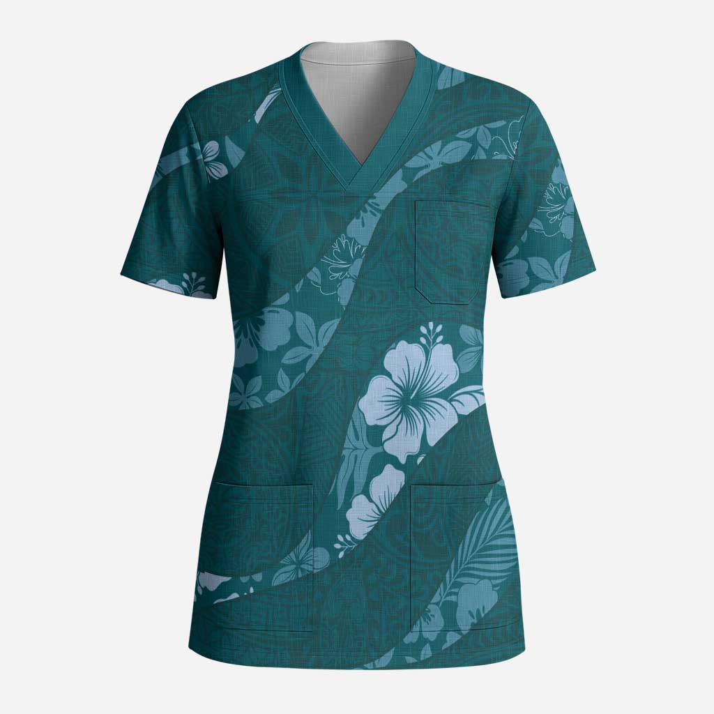 Aloha Hawaii Floral Tapa Scrub Top Patchwork Teal - Polynesian Pride