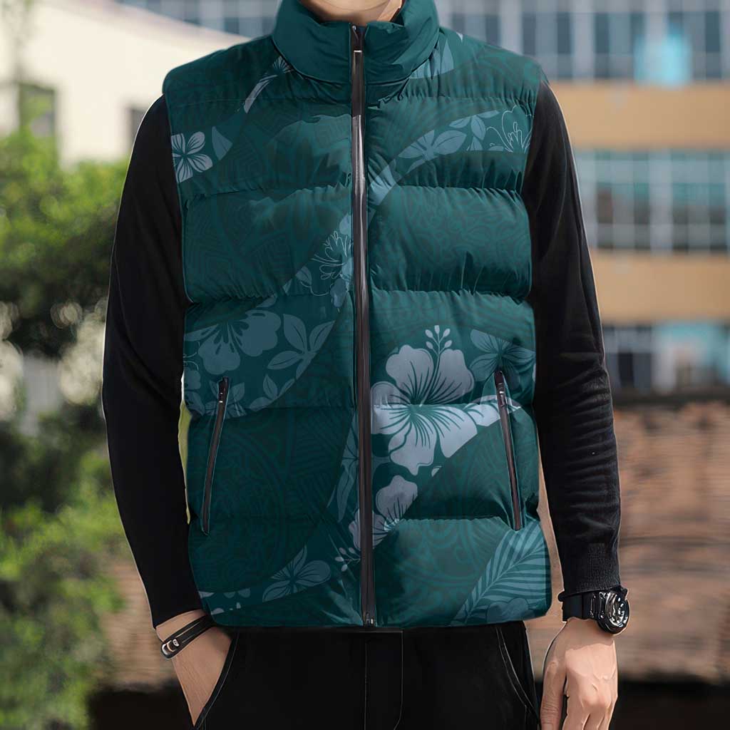 Aloha Hawaii Floral Tapa Sleeveless Puffer Jacket Patchwork Teal - Polynesian Pride