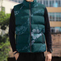 Aloha Hawaii Floral Tapa Sleeveless Puffer Jacket Patchwork Teal - Polynesian Pride