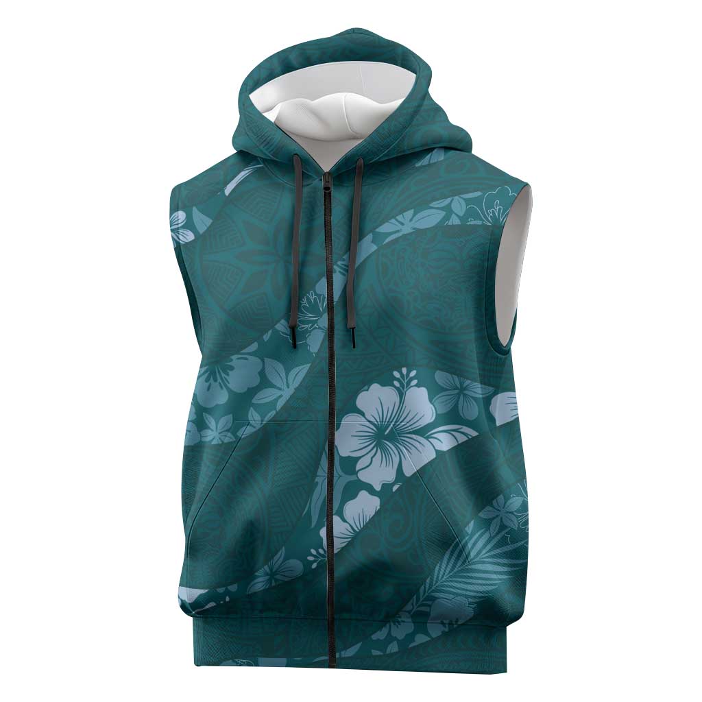 Aloha Hawaii Floral Tapa Sleeveless Zip Hoodie Patchwork Teal LT7