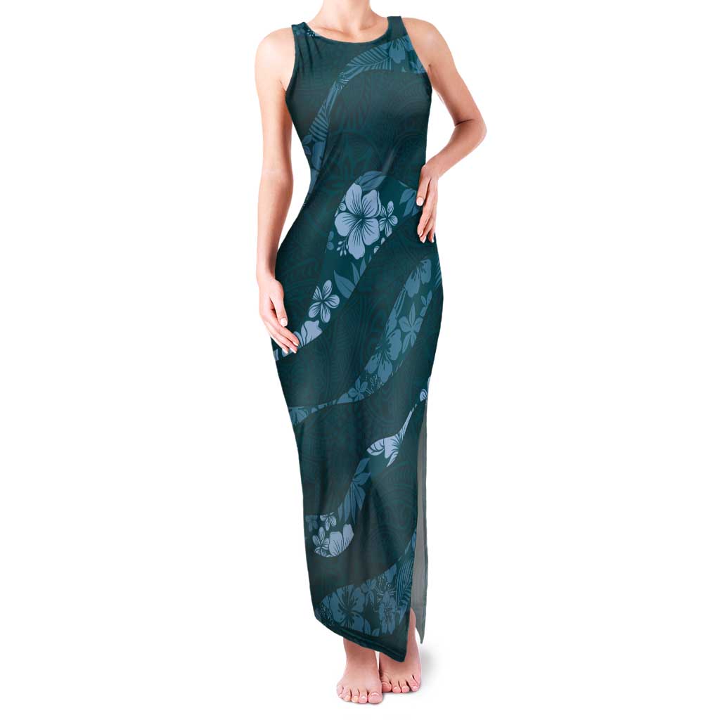Aloha Hawaii Floral Tapa Tank Maxi Dress Patchwork Teal - Polynesian Pride