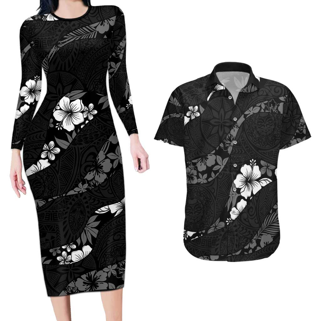 Aloha Hawaii Floral Tapa Couples Matching Long Sleeve Bodycon Dress and Hawaiian Shirt Patchwork Charcoal LT7 Charcoal - Polynesian Pride