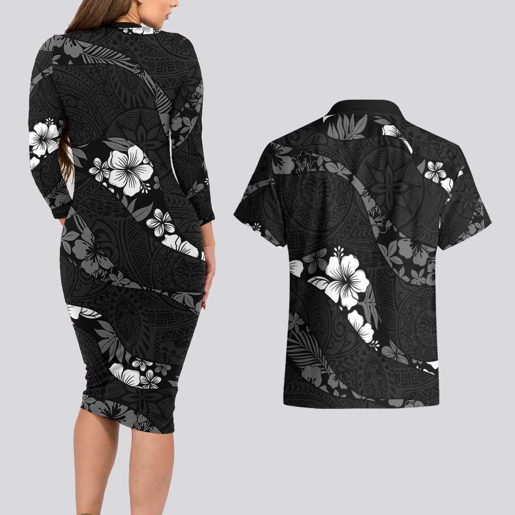 Aloha Hawaii Floral Tapa Couples Matching Long Sleeve Bodycon Dress and Hawaiian Shirt Patchwork Charcoal LT7 - Polynesian Pride