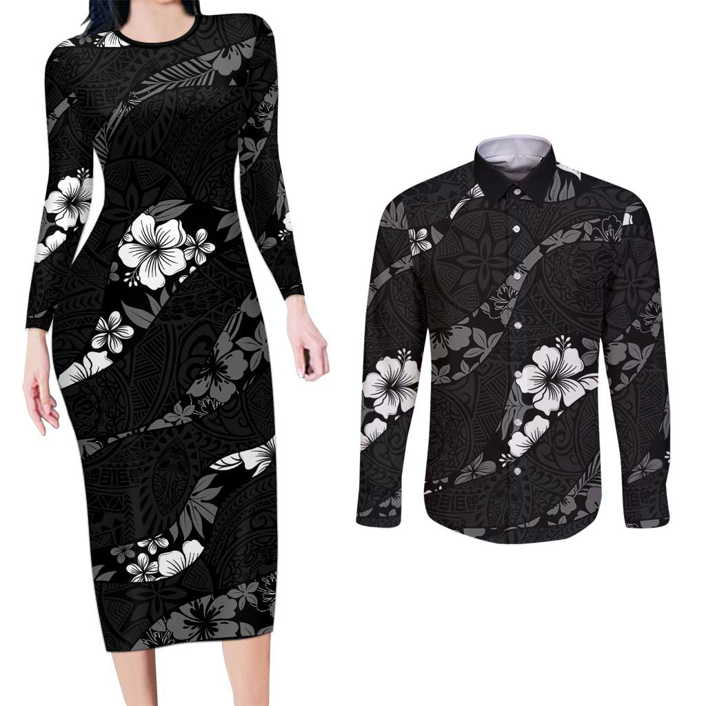 Aloha Hawaii Floral Tapa Couples Matching Long Sleeve Bodycon Dress and Long Sleeve Button Shirt Patchwork Charcoal LT7 Charcoal - Polynesian Pride