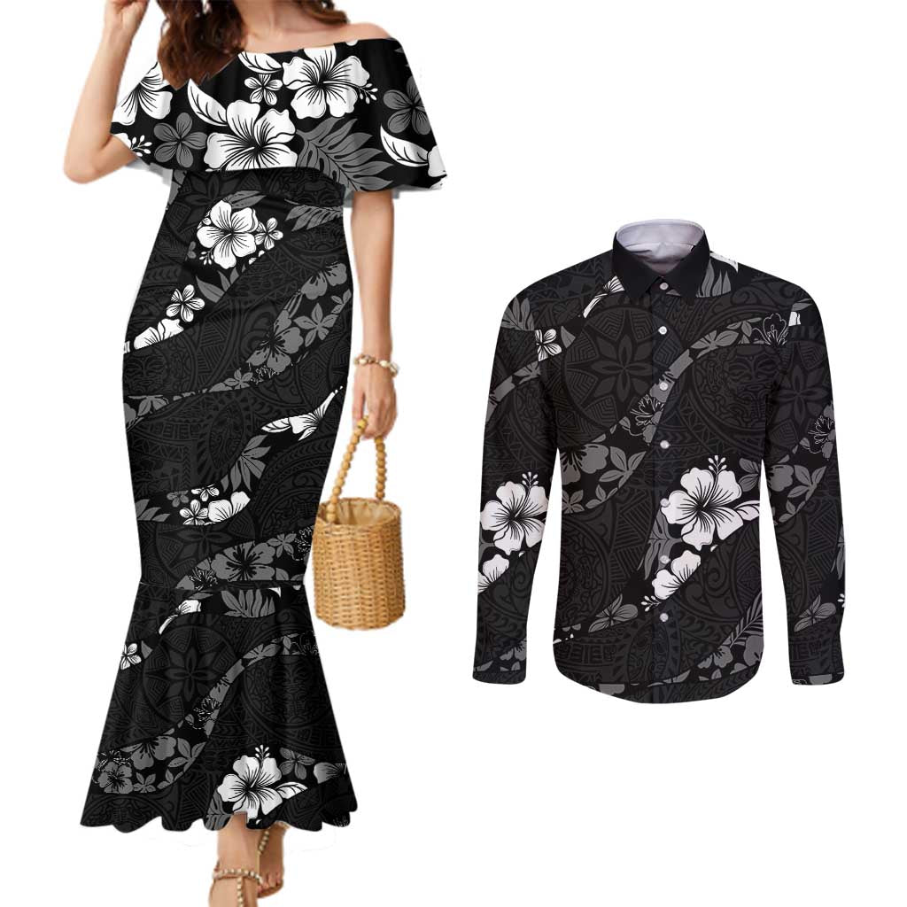 Aloha Hawaii Floral Tapa Couples Matching Mermaid Dress and Long Sleeve Button Shirt Patchwork Charcoal LT7 Charcoal - Polynesian Pride