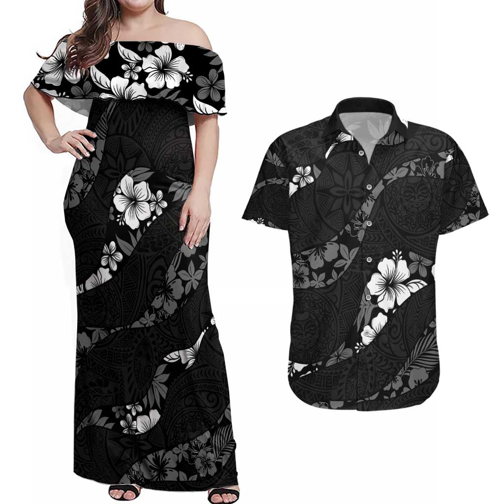 Aloha Hawaii Floral Tapa Couples Matching Off Shoulder Maxi Dress and Hawaiian Shirt Patchwork Charcoal LT7 Charcoal - Polynesian Pride