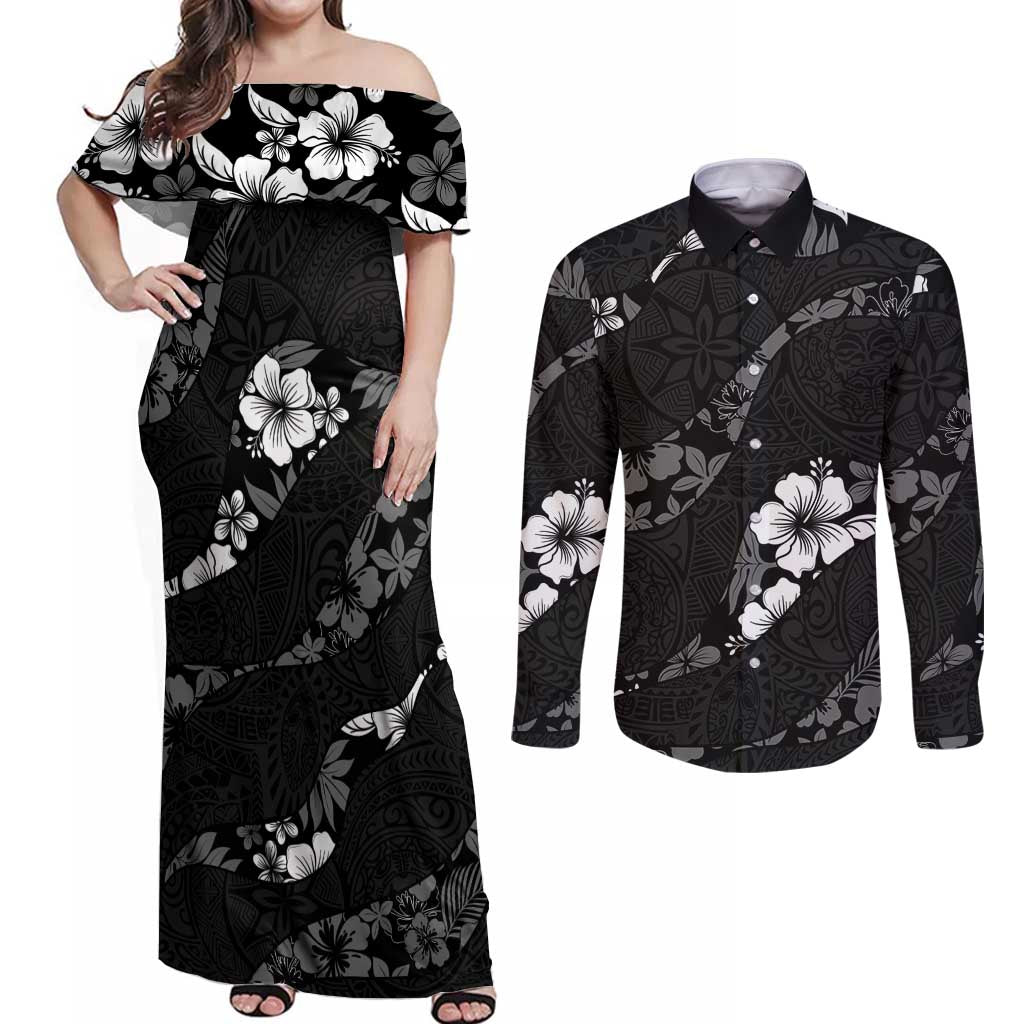 Aloha Hawaii Floral Tapa Couples Matching Off Shoulder Maxi Dress and Long Sleeve Button Shirt Patchwork Charcoal LT7 Charcoal - Polynesian Pride