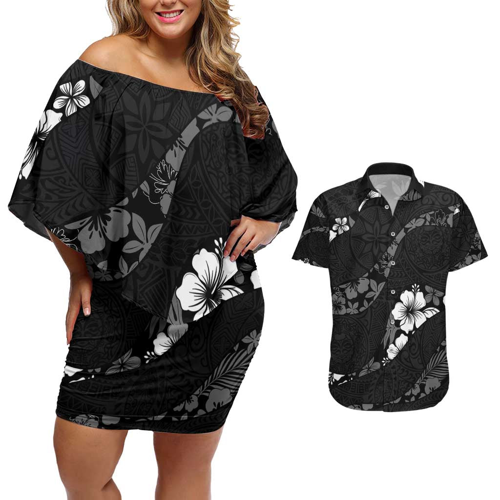 Aloha Hawaii Floral Tapa Couples Matching Off Shoulder Short Dress and Hawaiian Shirt Patchwork Charcoal LT7 Charcoal - Polynesian Pride