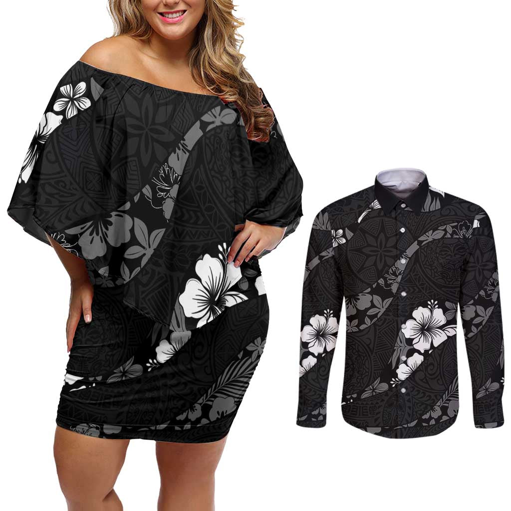 Aloha Hawaii Floral Tapa Couples Matching Off Shoulder Short Dress and Long Sleeve Button Shirt Patchwork Charcoal LT7 Charcoal - Polynesian Pride