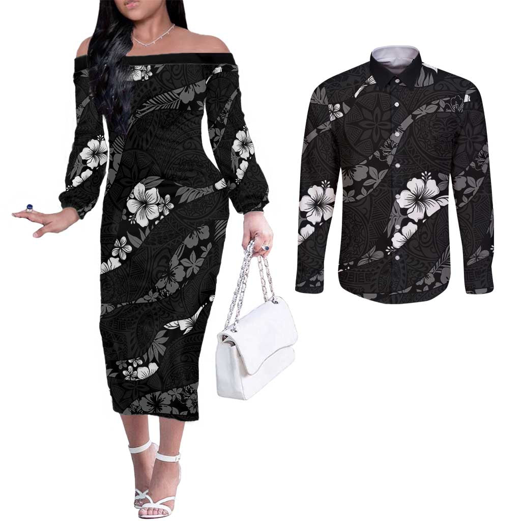 Aloha Hawaii Floral Tapa Couples Matching Off The Shoulder Long Sleeve Dress and Long Sleeve Button Shirt Patchwork Charcoal LT7 Charcoal - Polynesian Pride