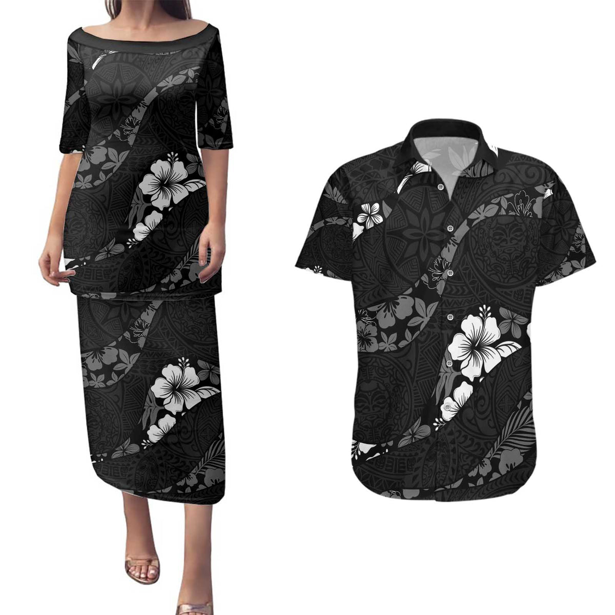 Aloha Hawaii Floral Tapa Couples Matching Puletasi and Hawaiian Shirt Patchwork Charcoal - Polynesian Pride