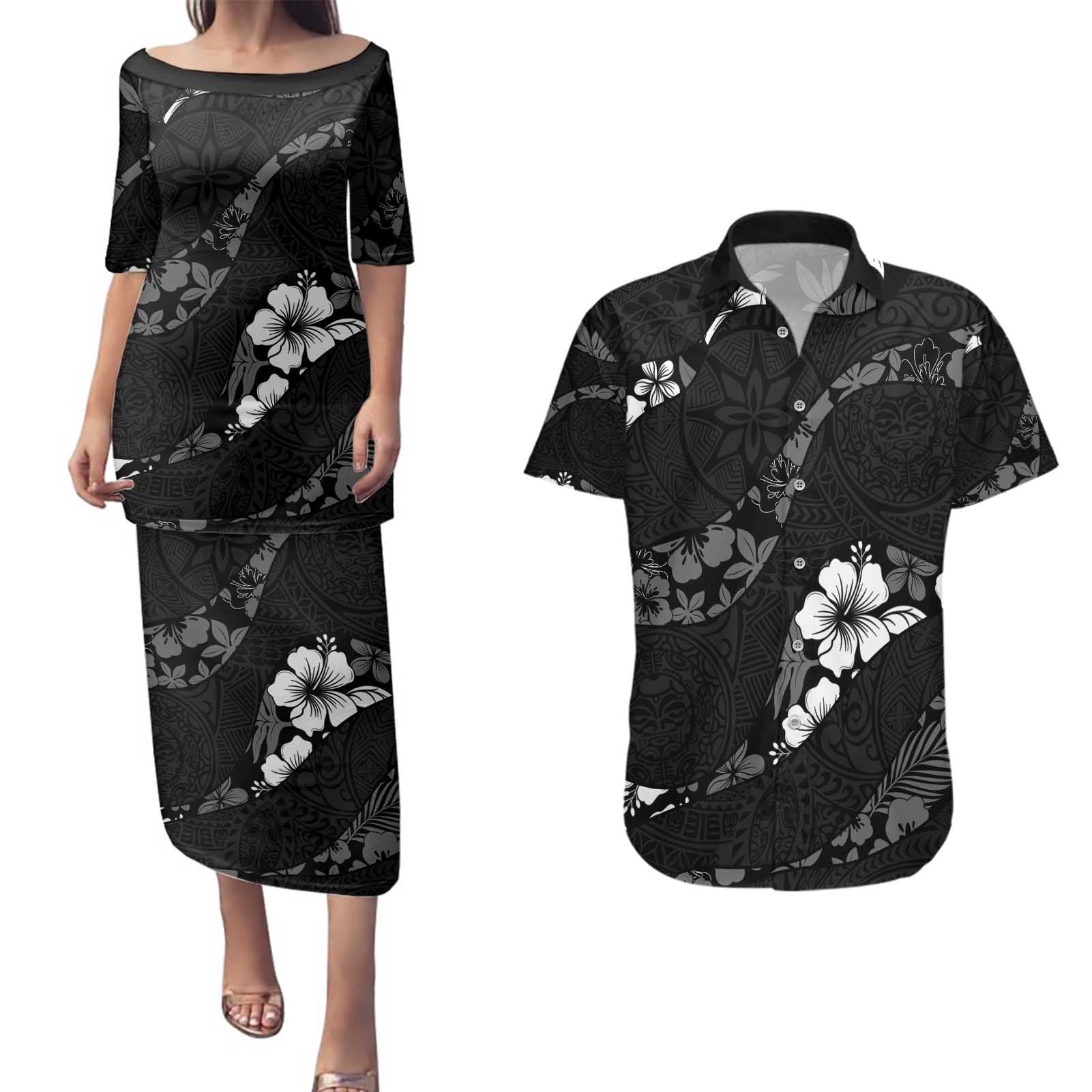 Aloha Hawaii Floral Tapa Couples Matching Puletasi and Hawaiian Shirt Patchwork Charcoal - Polynesian Pride