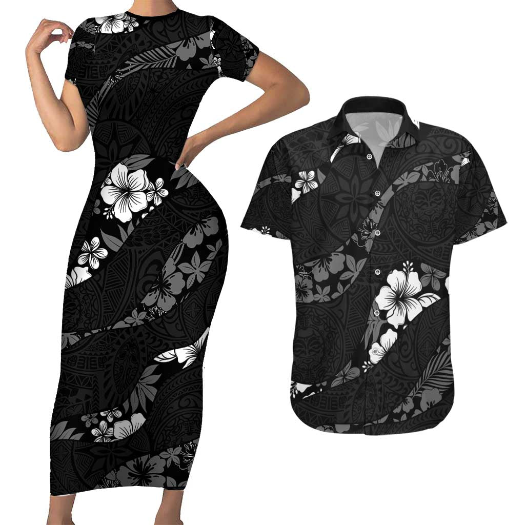 Aloha Hawaii Floral Tapa Couples Matching Short Sleeve Bodycon Dress and Hawaiian Shirt Patchwork Charcoal LT7 Charcoal - Polynesian Pride