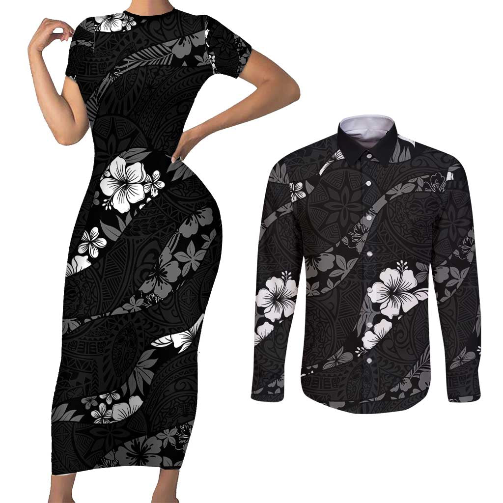 Aloha Hawaii Floral Tapa Couples Matching Short Sleeve Bodycon Dress and Long Sleeve Button Shirt Patchwork Charcoal LT7 Charcoal - Polynesian Pride
