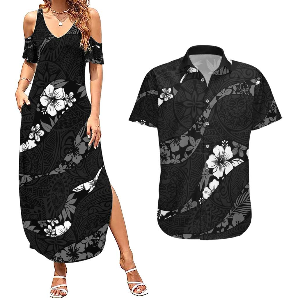 Aloha Hawaii Floral Tapa Couples Matching Summer Maxi Dress and Hawaiian Shirt Patchwork Charcoal - Polynesian Pride