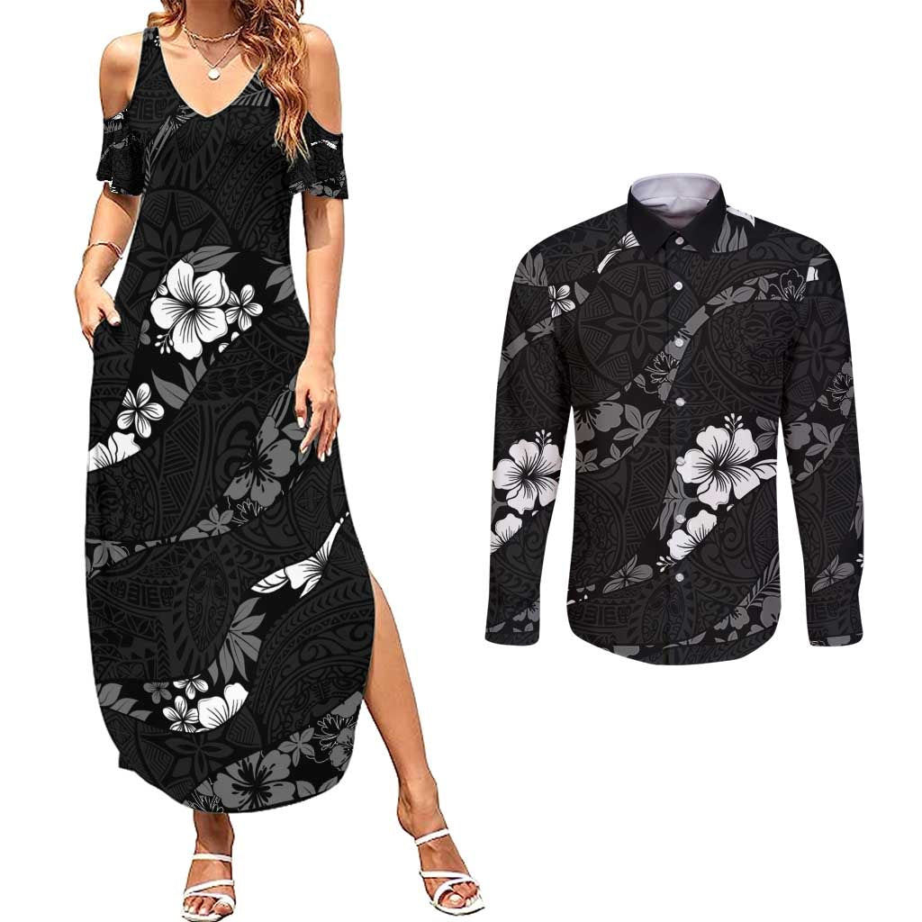 Aloha Hawaii Floral Tapa Couples Matching Summer Maxi Dress and Long Sleeve Button Shirt Patchwork Charcoal LT7 Charcoal - Polynesian Pride