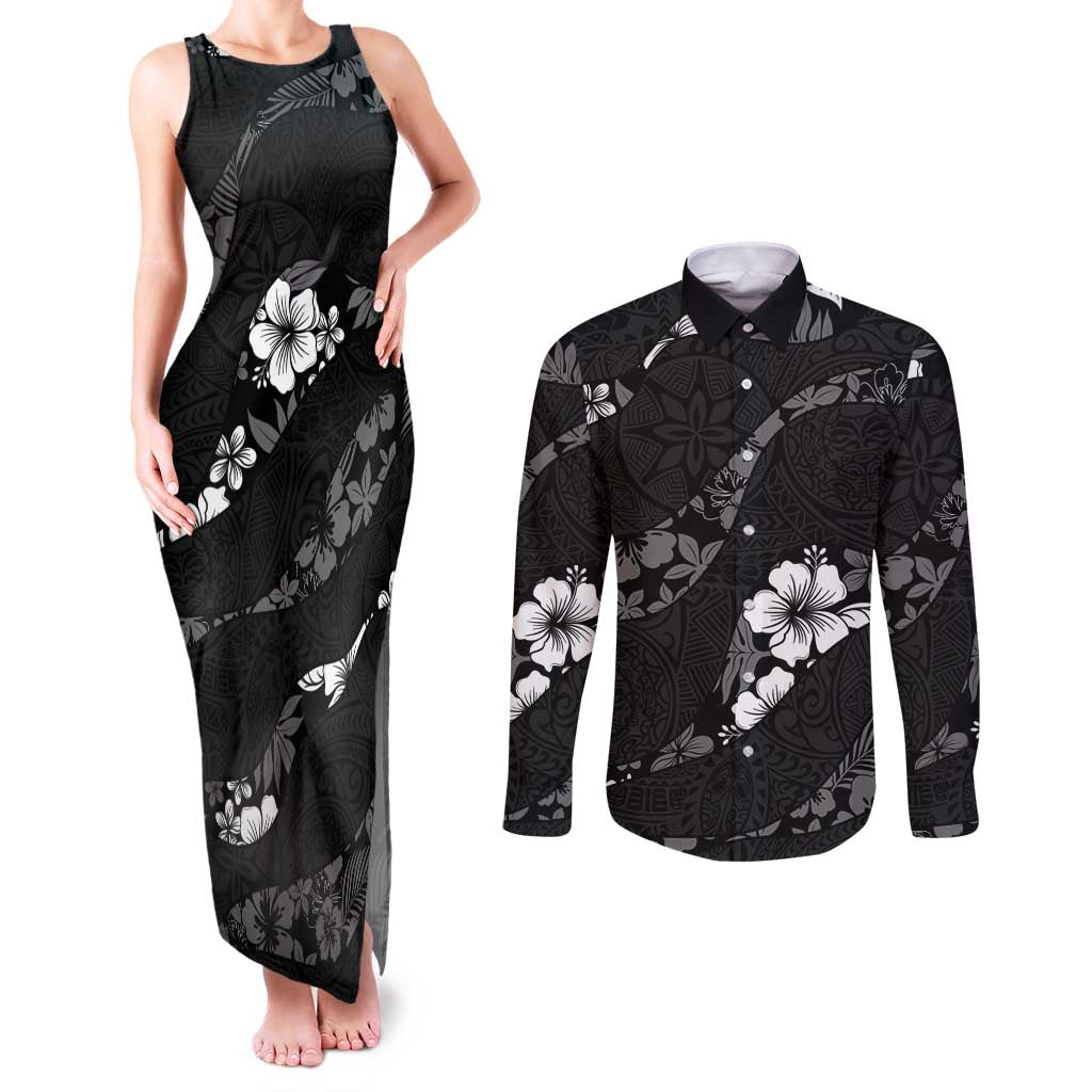 Aloha Hawaii Floral Tapa Couples Matching Tank Maxi Dress and Long Sleeve Button Shirt Patchwork Charcoal LT7 Charcoal - Polynesian Pride