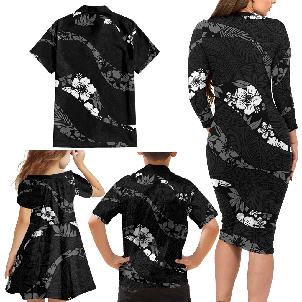 Aloha Hawaii Floral Tapa Family Matching Long Sleeve Bodycon Dress and Hawaiian Shirt Patchwork Charcoal - Polynesian Pride