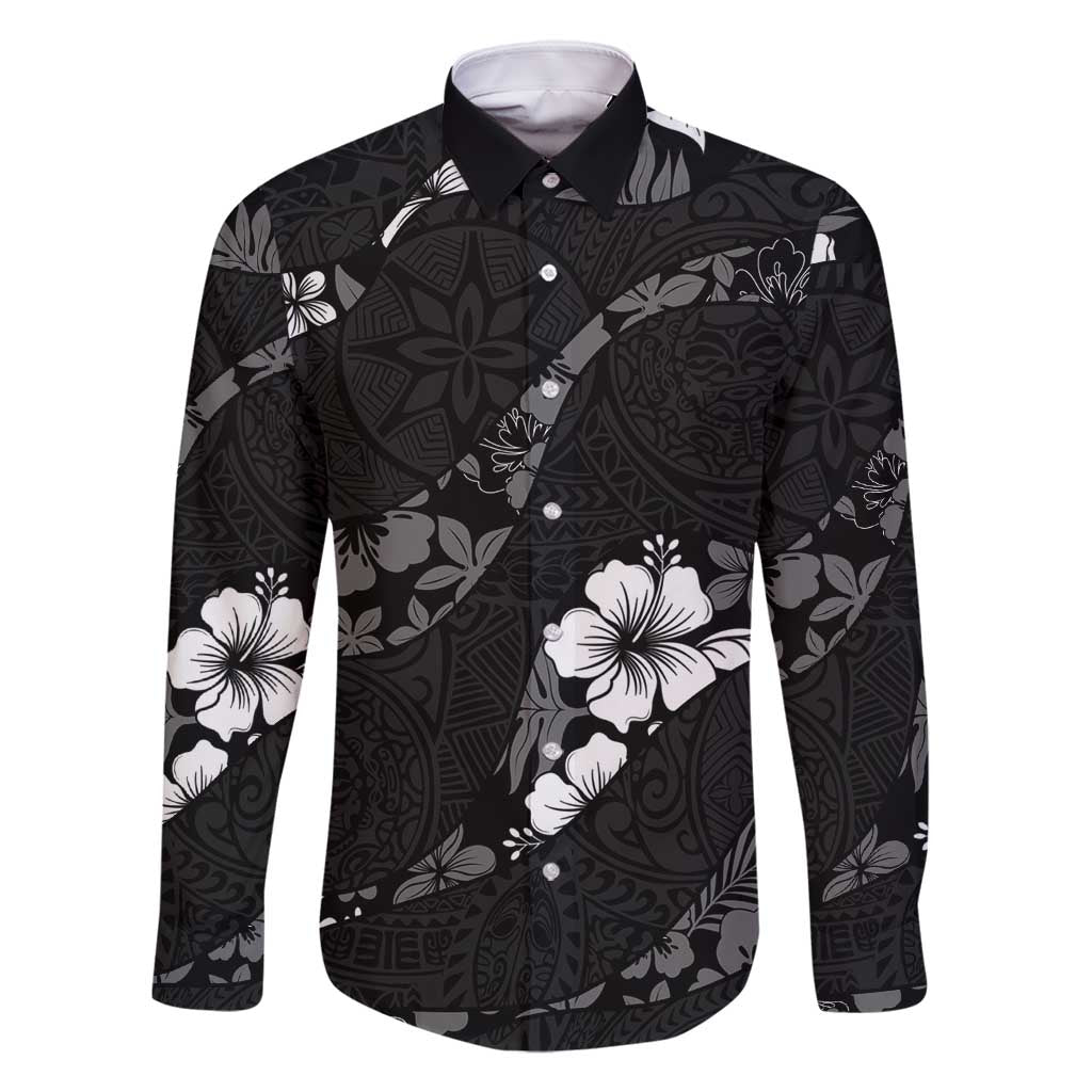 Aloha Hawaii Floral Tapa Family Matching Long Sleeve Bodycon Dress and Hawaiian Shirt Patchwork Charcoal - Polynesian Pride