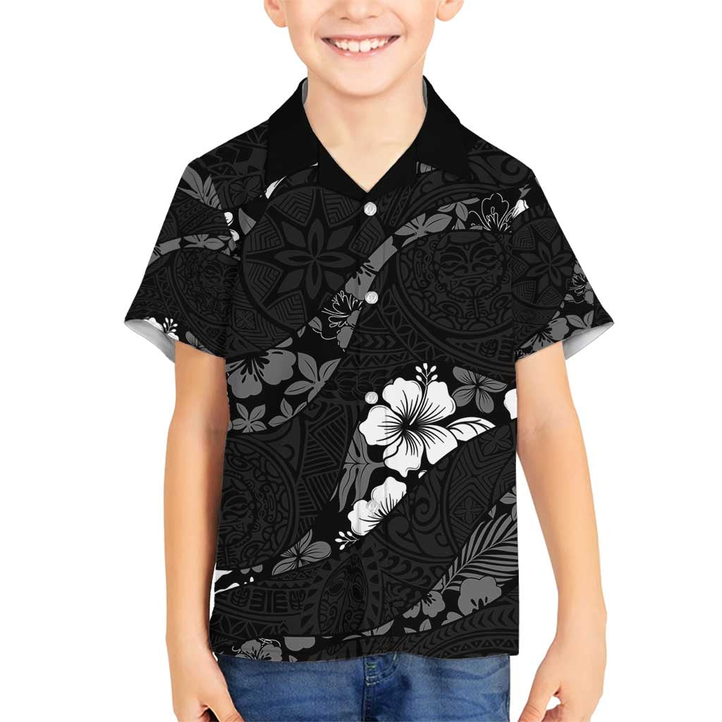 Aloha Hawaii Floral Tapa Family Matching Long Sleeve Bodycon Dress and Hawaiian Shirt Patchwork Charcoal - Polynesian Pride