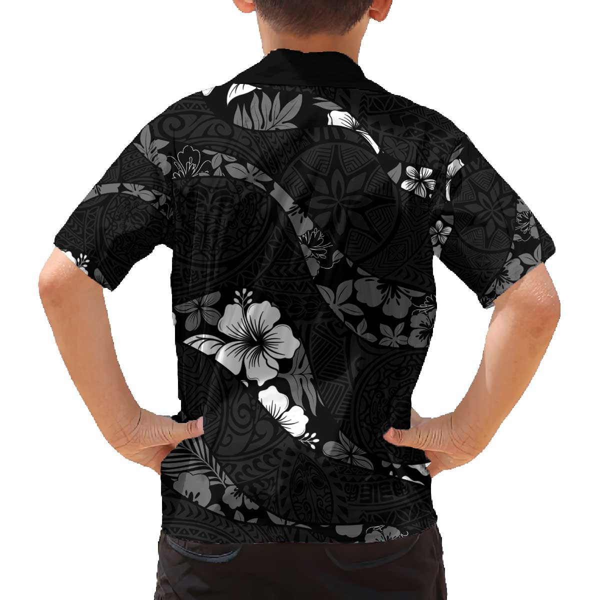 Aloha Hawaii Floral Tapa Family Matching Off The Shoulder Long Sleeve Dress and Hawaiian Shirt Patchwork Charcoal LT7 - Polynesian Pride