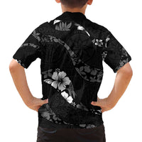 Aloha Hawaii Floral Tapa Family Matching Off The Shoulder Long Sleeve Dress and Hawaiian Shirt Patchwork Charcoal LT7 - Polynesian Pride