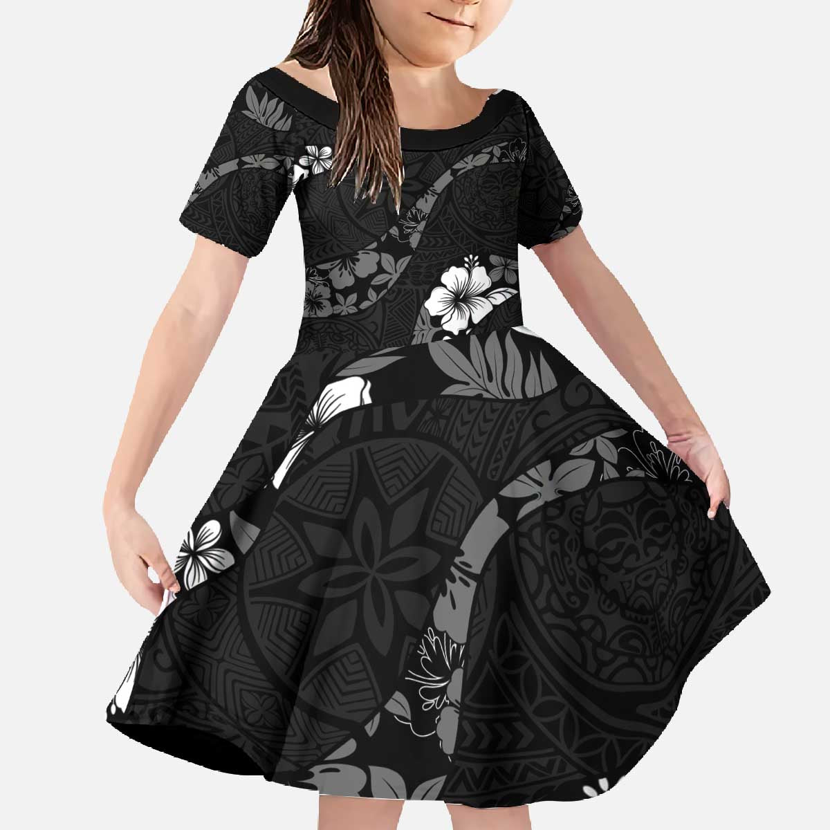 Aloha Hawaii Floral Tapa Family Matching Off The Shoulder Long Sleeve Dress and Hawaiian Shirt Patchwork Charcoal LT7 Daughter's Dress Charcoal - Polynesian Pride