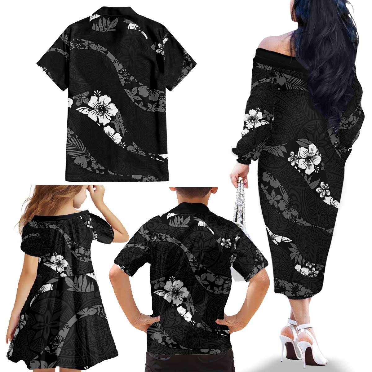 Aloha Hawaii Floral Tapa Family Matching Off The Shoulder Long Sleeve Dress and Hawaiian Shirt Patchwork Charcoal LT7 - Polynesian Pride