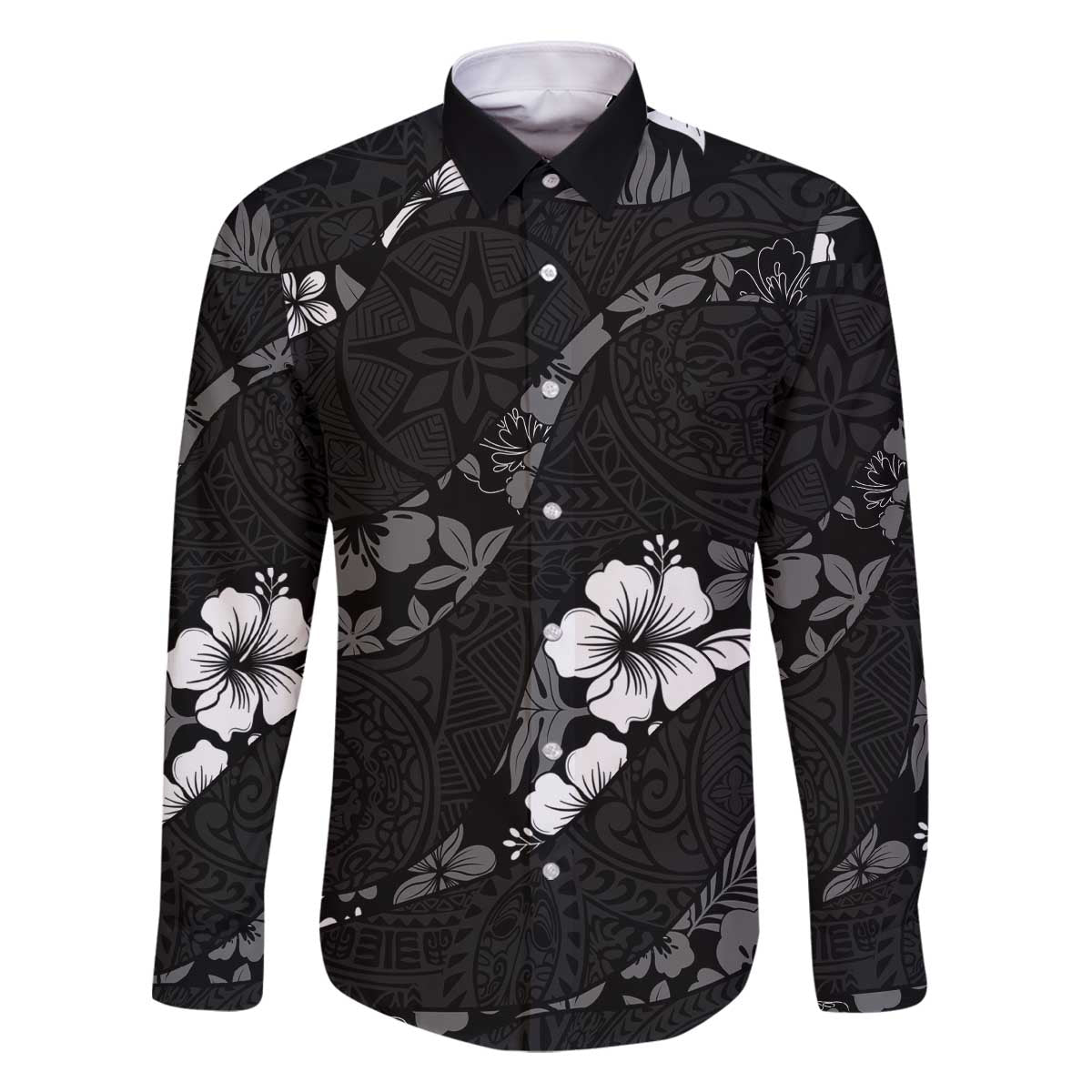 Aloha Hawaii Floral Tapa Family Matching Off The Shoulder Long Sleeve Dress and Hawaiian Shirt Patchwork Charcoal LT7 Dad's Shirt - Long Sleeve Charcoal - Polynesian Pride