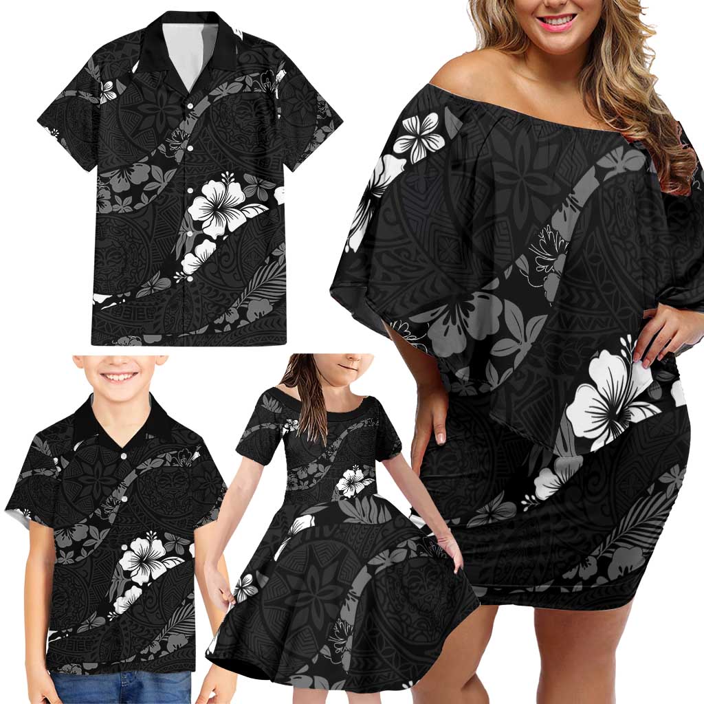 Aloha Hawaii Floral Tapa Family Matching Off Shoulder Short Dress and Hawaiian Shirt Patchwork Charcoal LT7 - Polynesian Pride