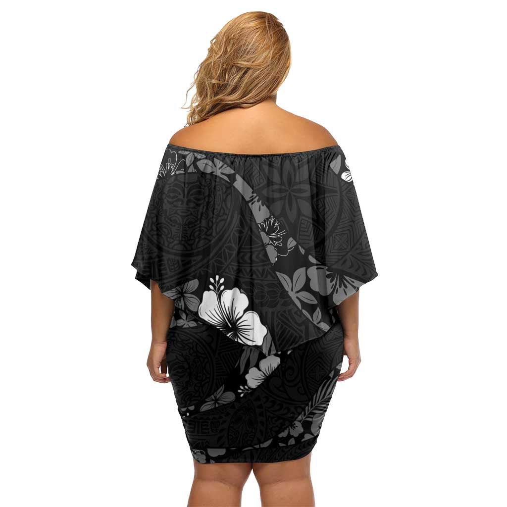Aloha Hawaii Floral Tapa Off Shoulder Short Dress Patchwork Charcoal - Polynesian Pride