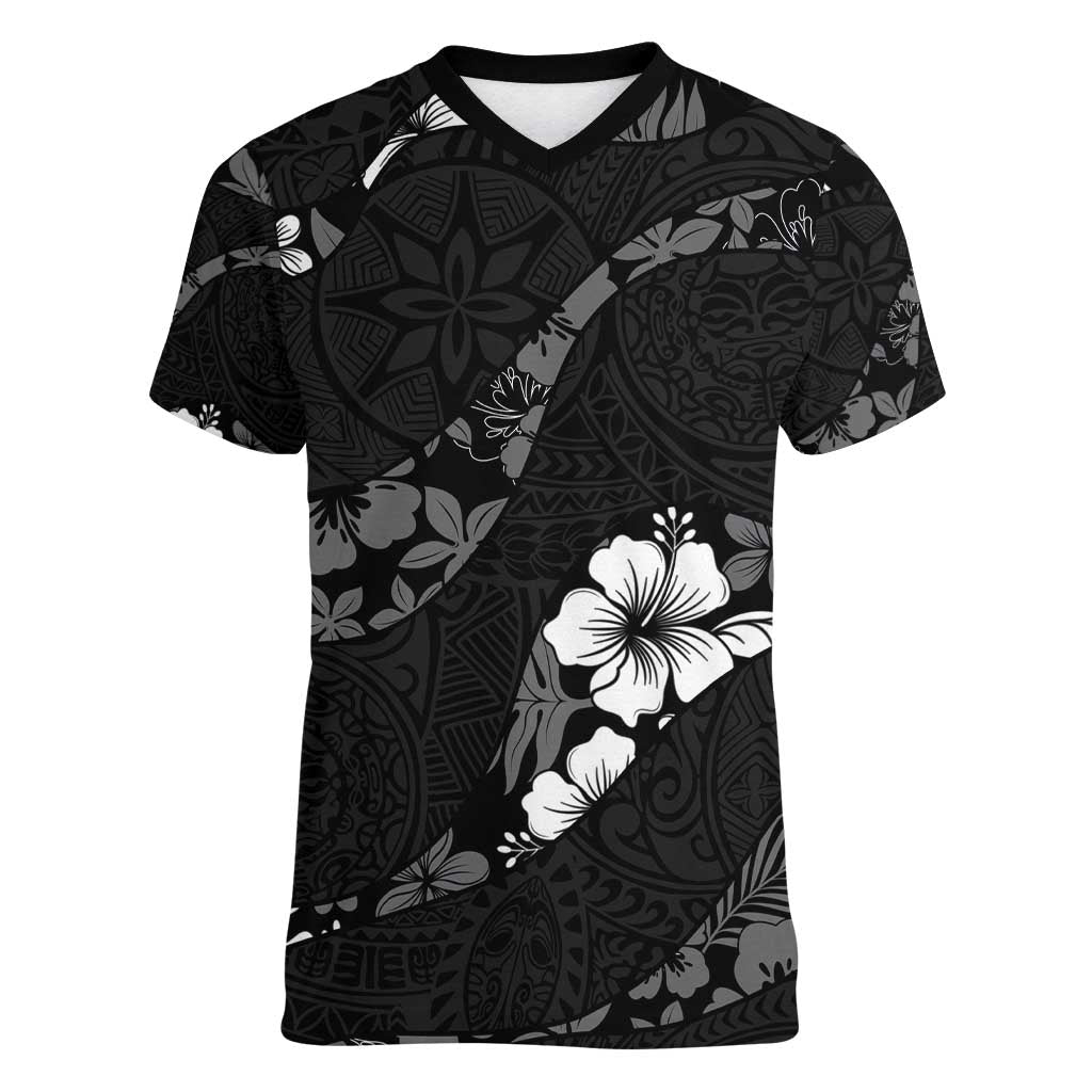 Aloha Hawaii Floral Tapa Women V-Neck T-Shirt Patchwork Charcoal LT7 Female Charcoal - Polynesian Pride