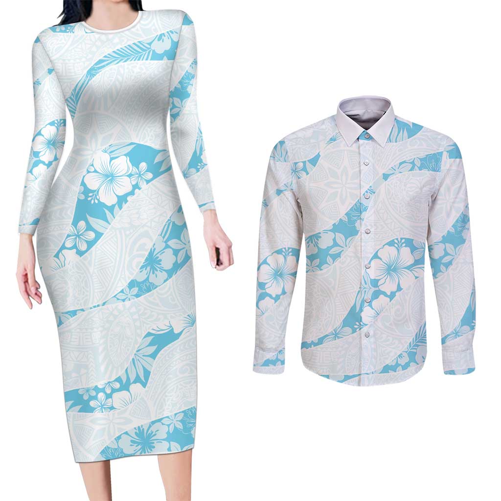 Aloha Hawaii Floral Tapa Couples Matching Long Sleeve Bodycon Dress and Long Sleeve Button Shirt Patchwork Turquoise LT7 Turquoise - Polynesian Pride